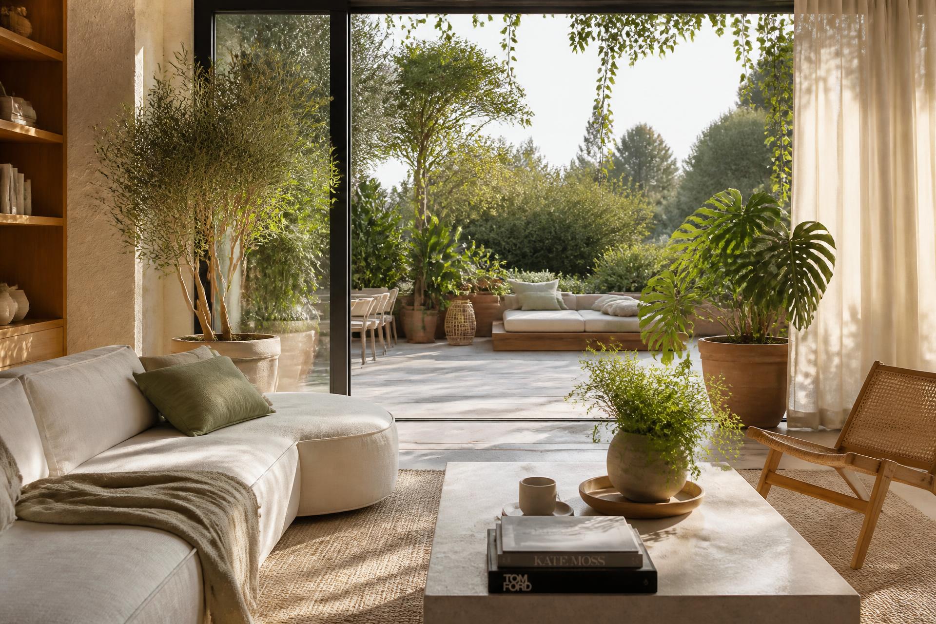 Salón abierto a un jardín biofílico al amanecer